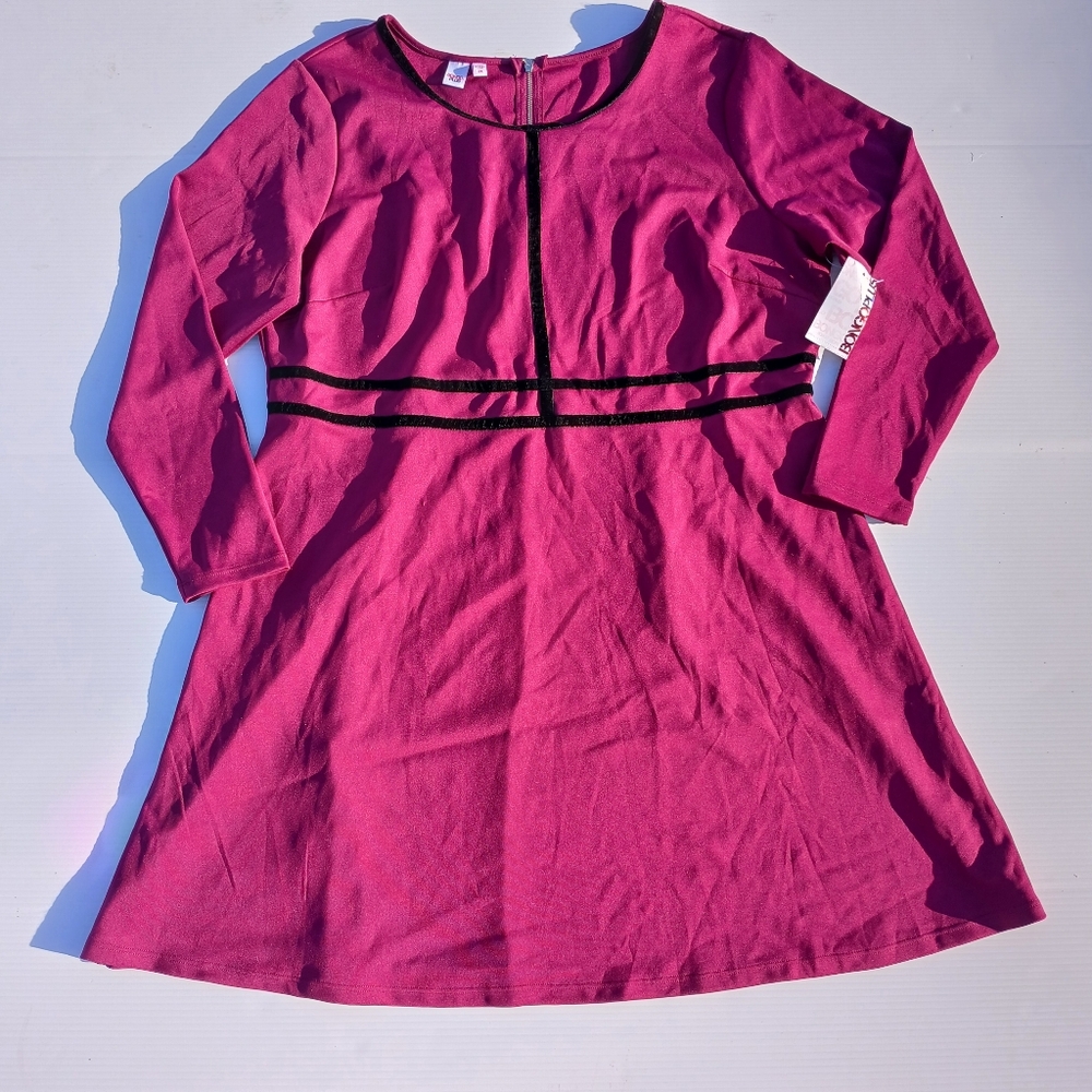 NEW NWT Bongo Plus size 3X Dress A-Line Long Sleeves Burgundy & Black Stretchy